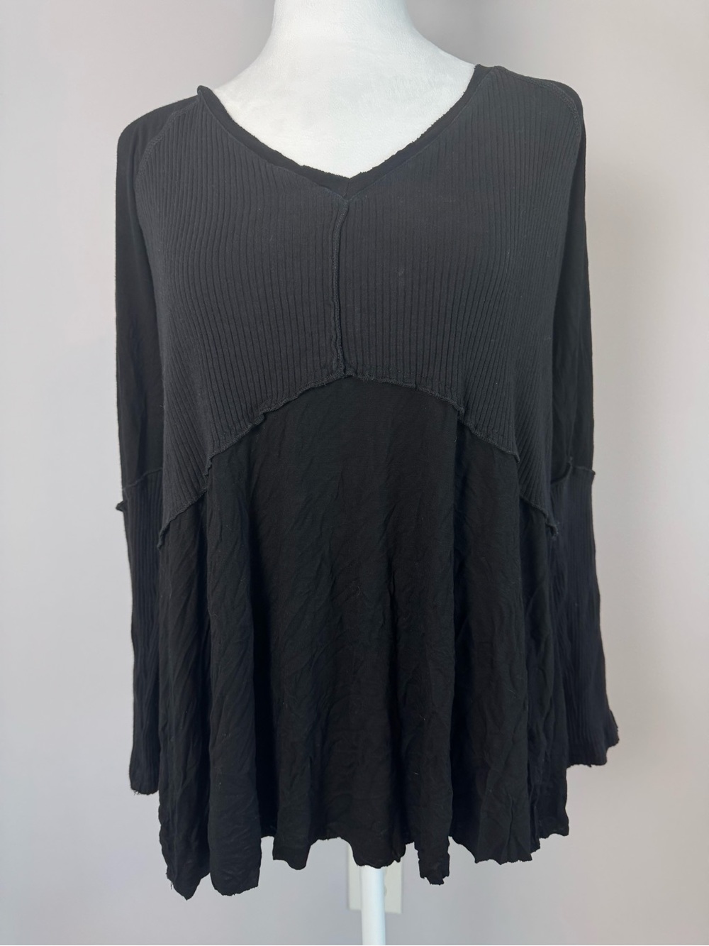 POL Boho Mixed Media Layered Babydoll V-Neck Long Sleeve Top Tunic Goth Grunge